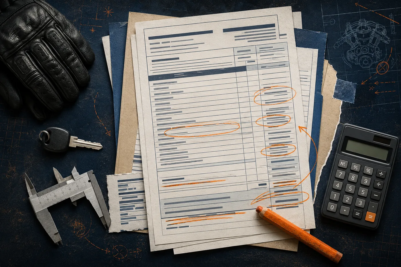 A marked-up vehicle quote, calculator, key, and riding equipment on a workbench